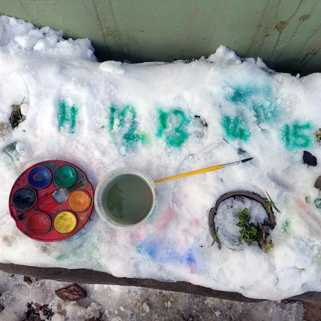 Wasserfarbenkasten, Pinsel und Wasserbecher stehen im Schnee. Die Kinder haben Zahlen in den Schnee gemalt
