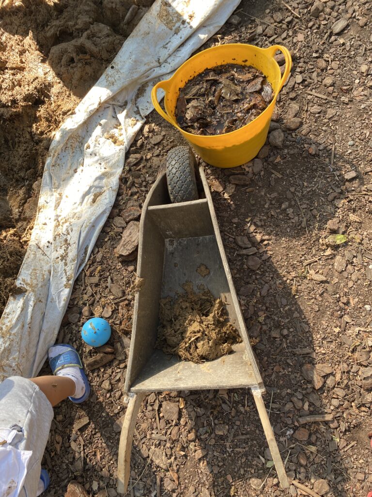 Eine Kinder-Holzschubkarre und ein Eimer stehen mit Erde gefüllt auf dem Boden